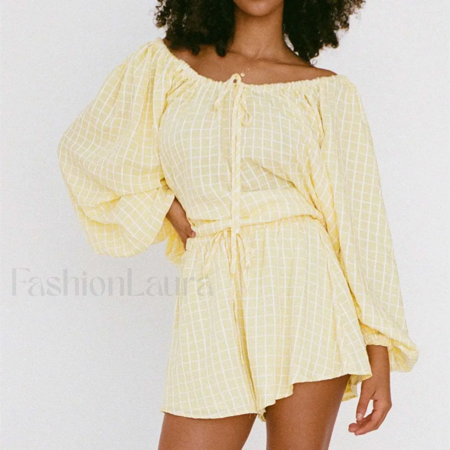 Women Plaid Tie-up T-shirt Elastic Waist Shorts Two Piece Set - Image 5