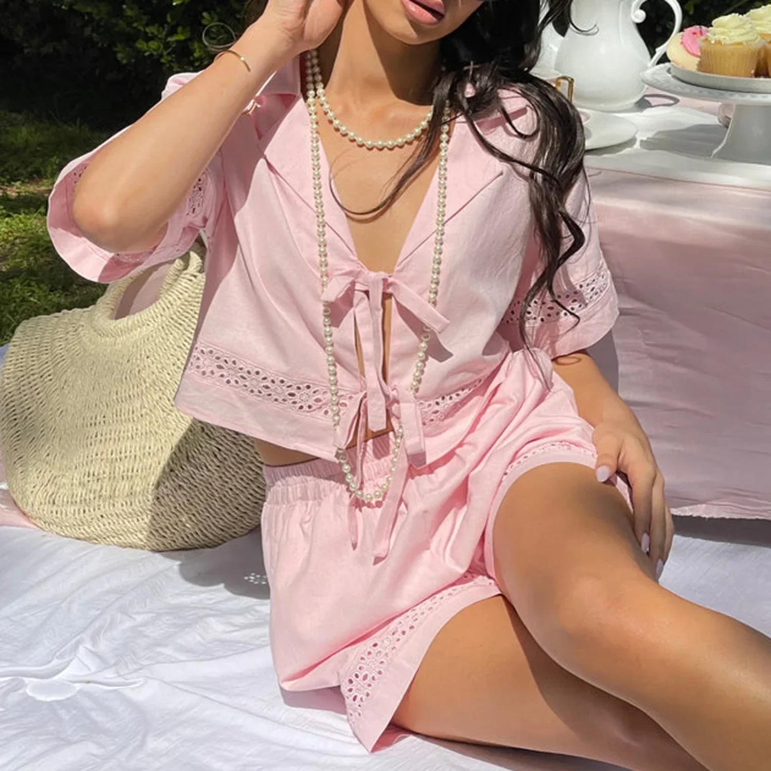 Women Tie Pajama Set V Neck Crop Top Shorts Two Piece Set - Image 10