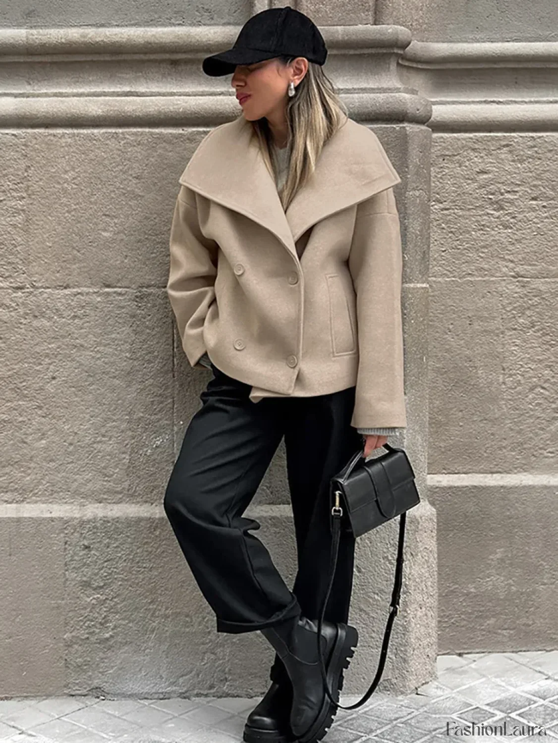 Women's Wide Lapel Faux-wool Blend Coat Overcoats - Image 18
