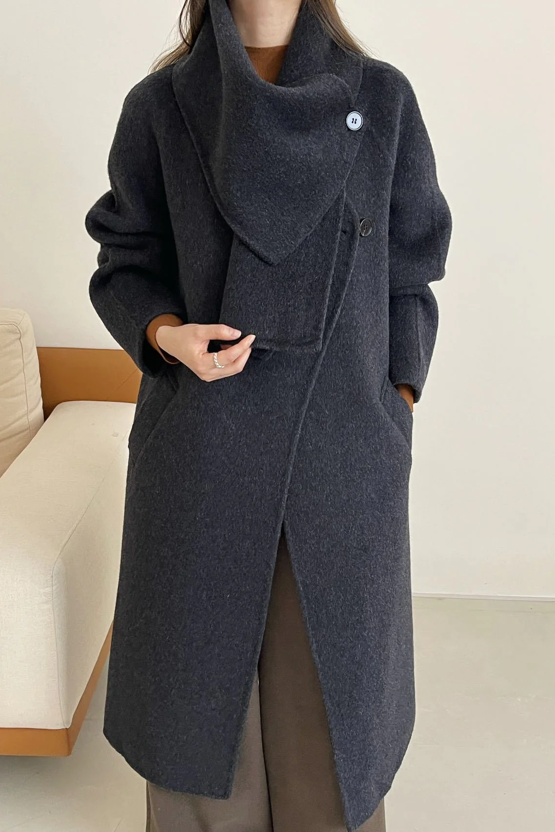 Wool Reversible Midi Scarf Style Overcoat - Image 5