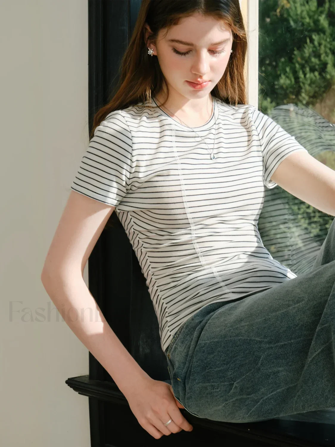 Wool Slim Stripe Irregular Hem T-Shirt - Image 2