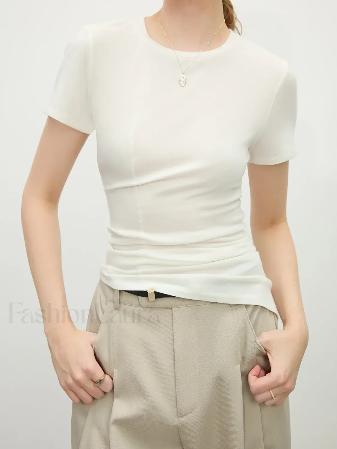 Wool Slim Stripe Irregular Hem T-Shirt - Image 3