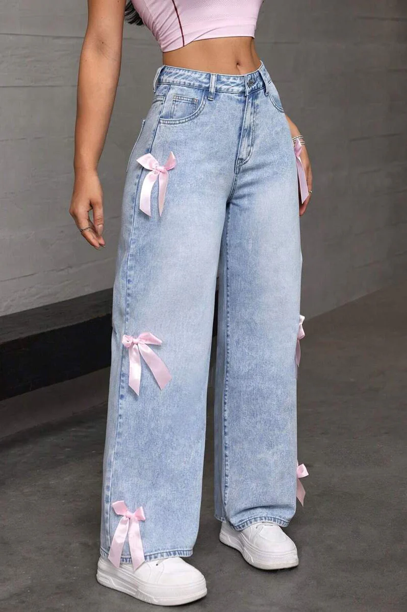 Y2K Bow Applique Washed Relaxed Jeans - Image 4