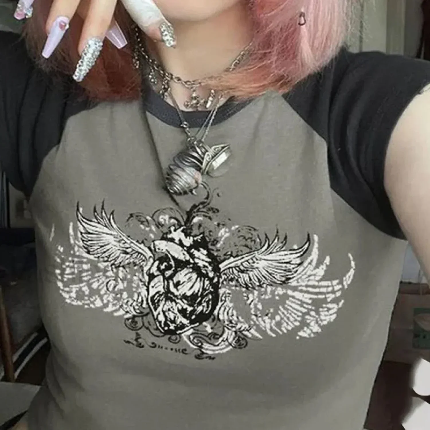 Y2K Gothic Emo Black & White T-Shirt - Image 2