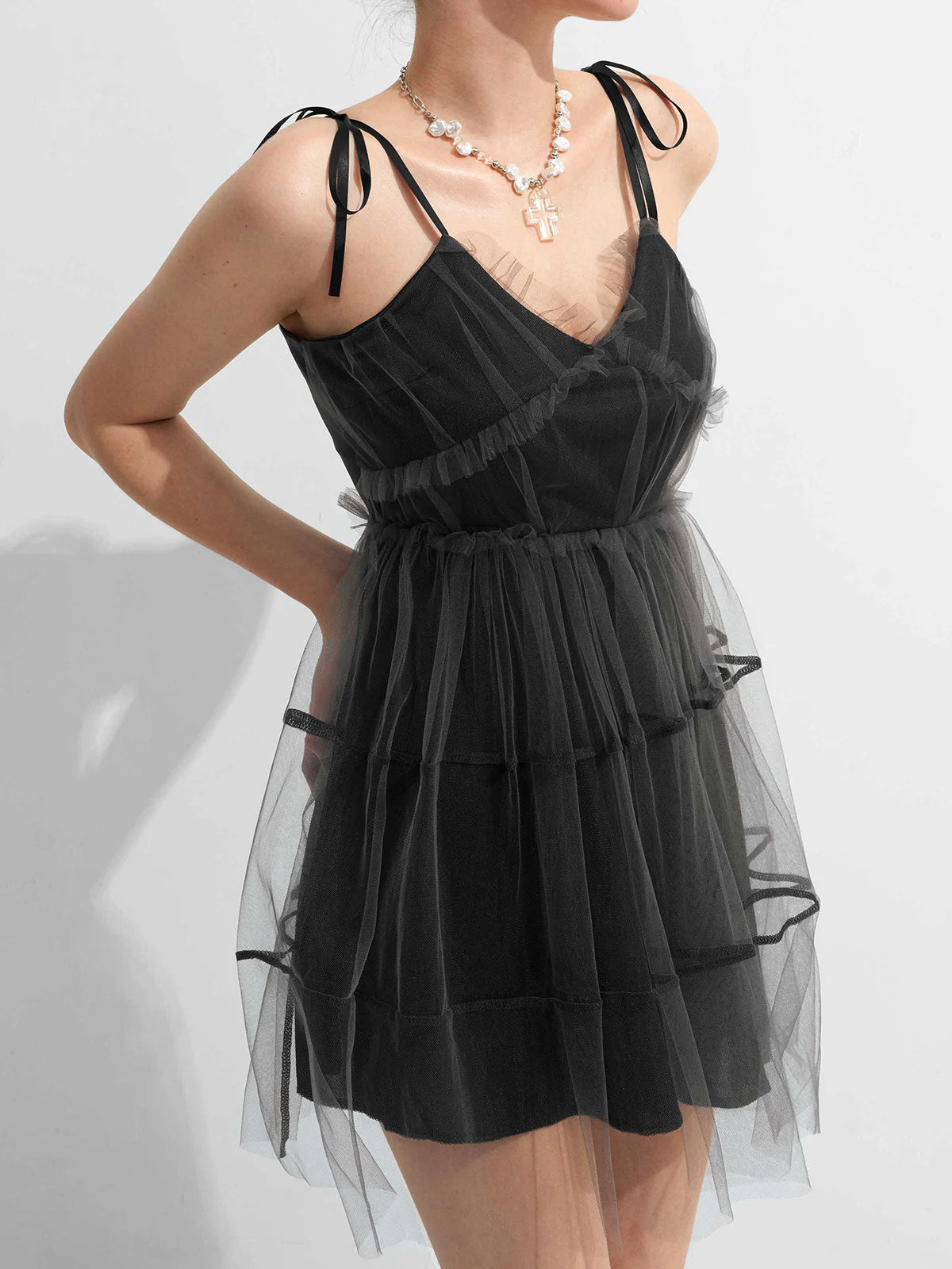Y2K Gothic Patchwork Mesh Tie Strap Mini Dress - Image 5
