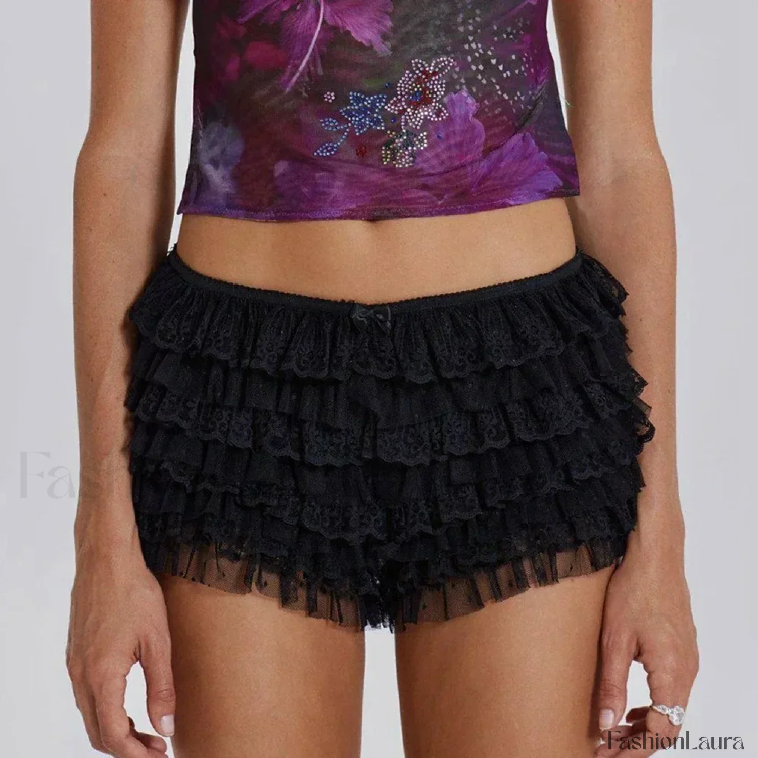 Y2K Kawaii Solid Color Fairy Tiered Ruffled Lace Elastic Low Waist Shorts - Image 28