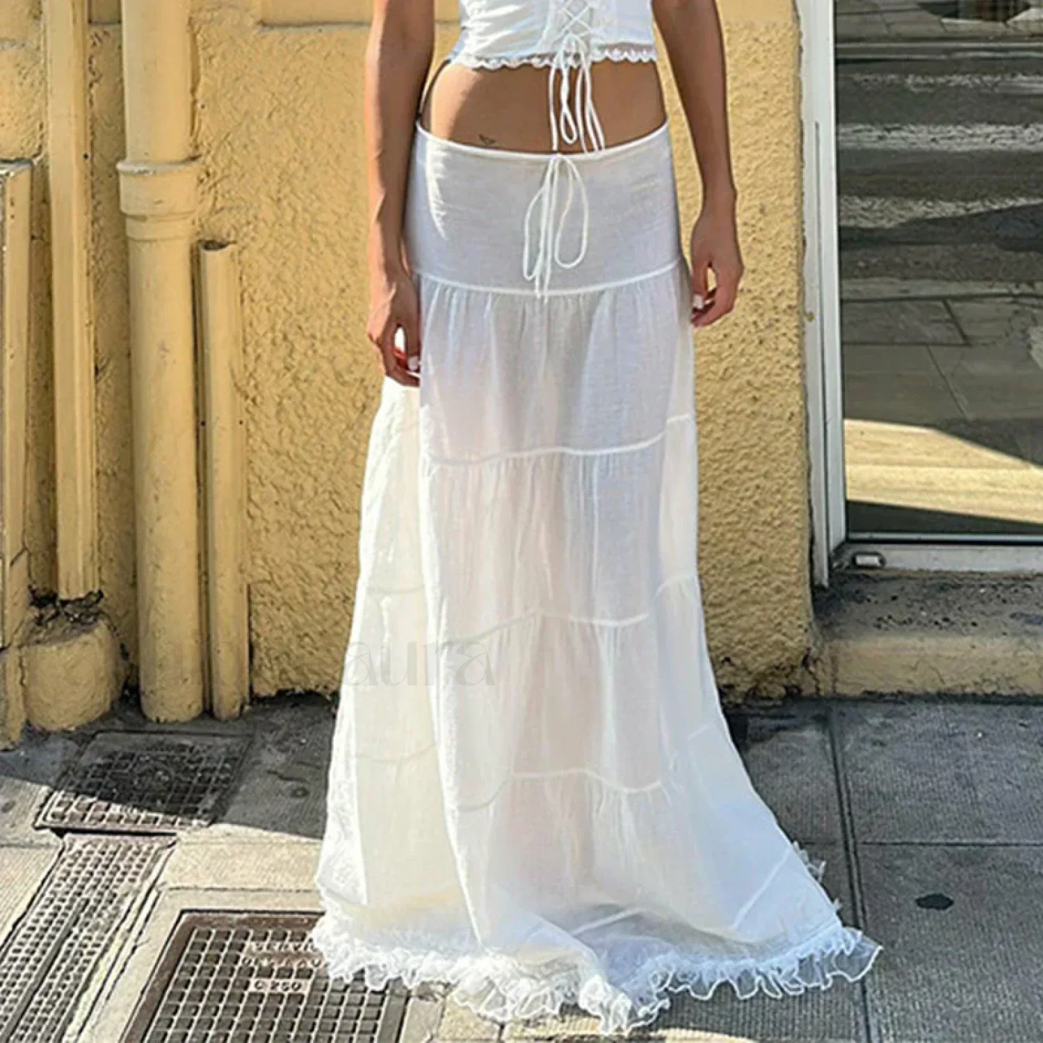 Y2K Lace Tie Front Dress Two Piece Set - Image 7