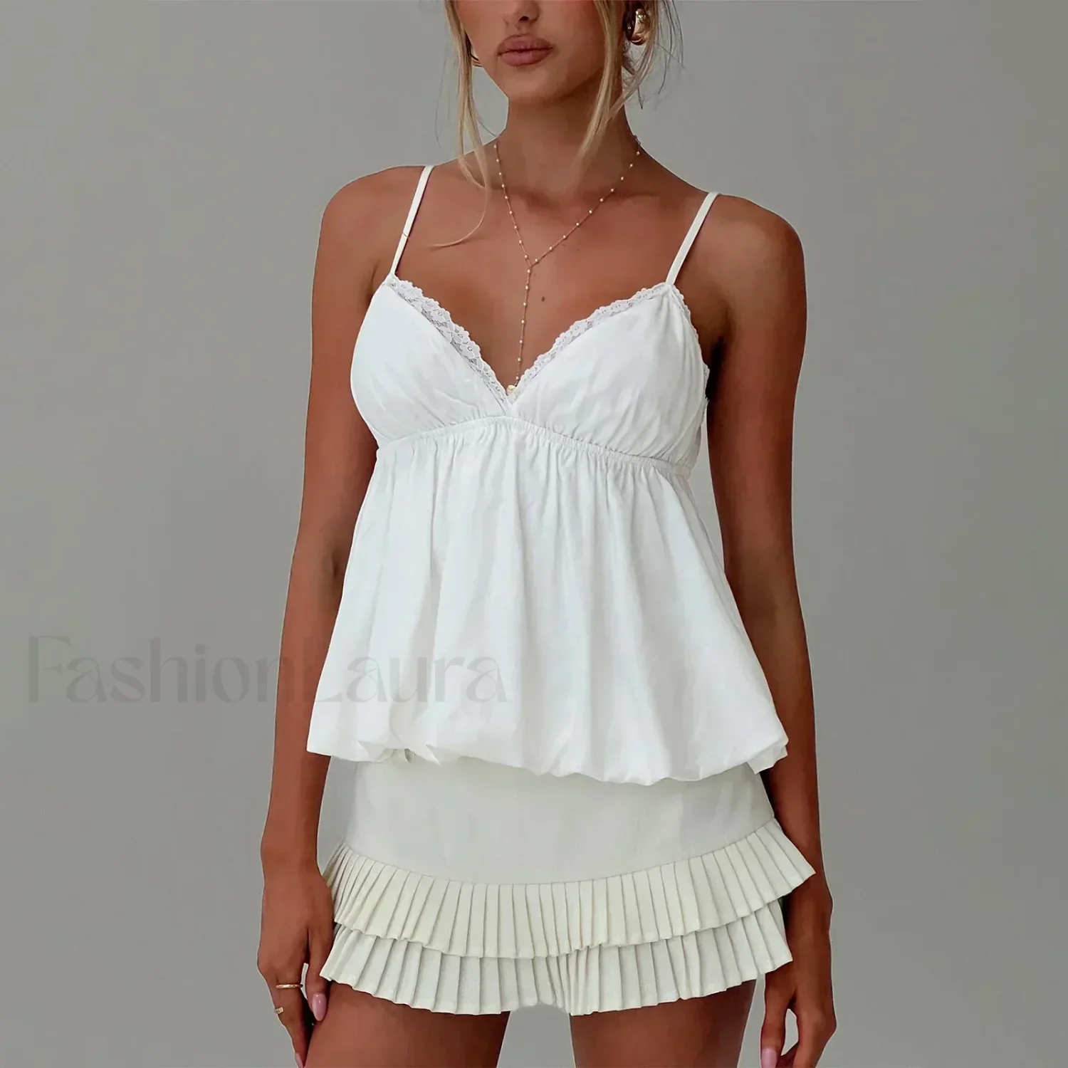 Y2K Lace Trim Flare Crop Top Two Piece Set - Image 12