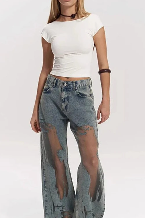Y2K Mesh See Through Relaxed Straight Jeans - Image 5