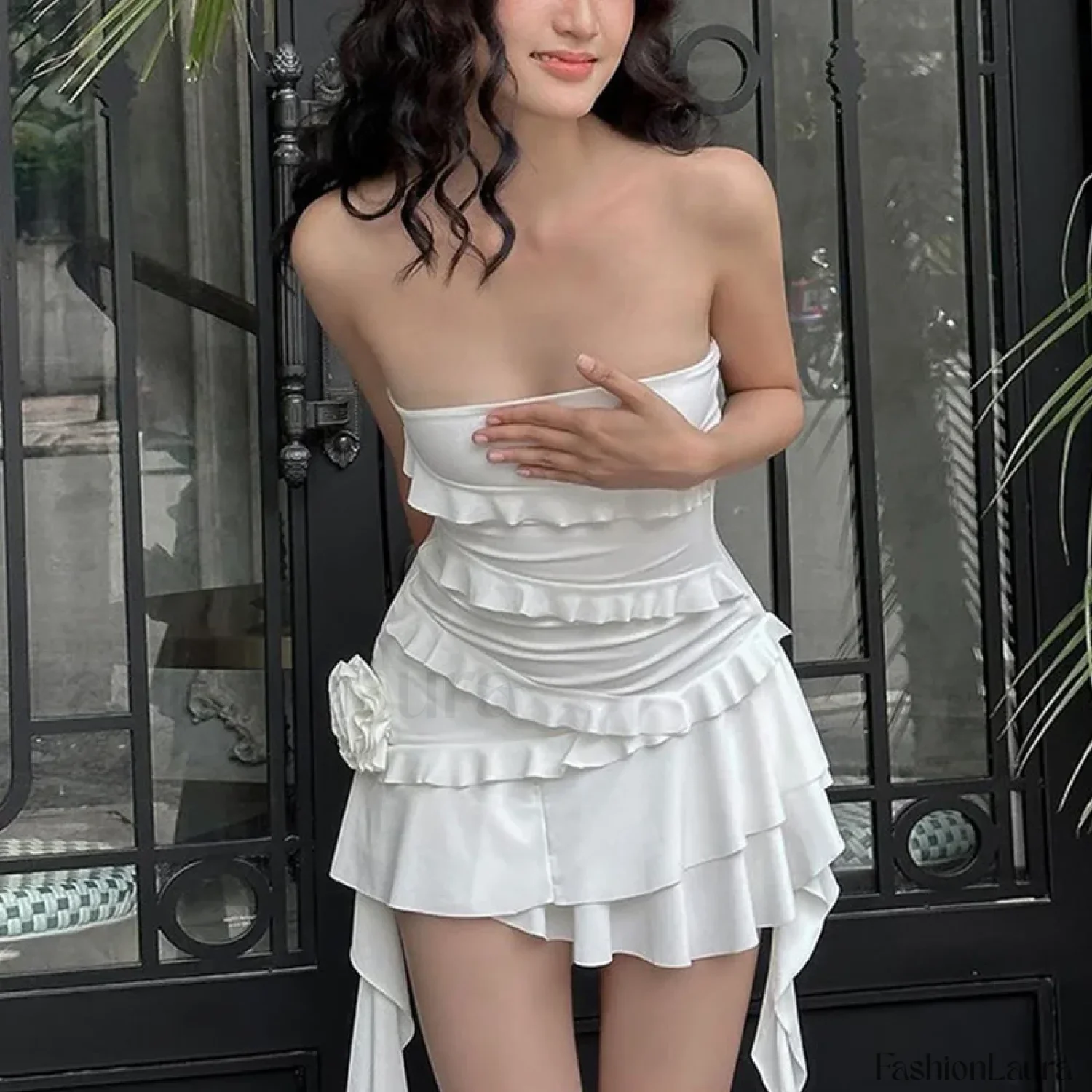 Y2K Off Shoulder Strapless Ruffle Hem Mini Floral Dress - Image 5