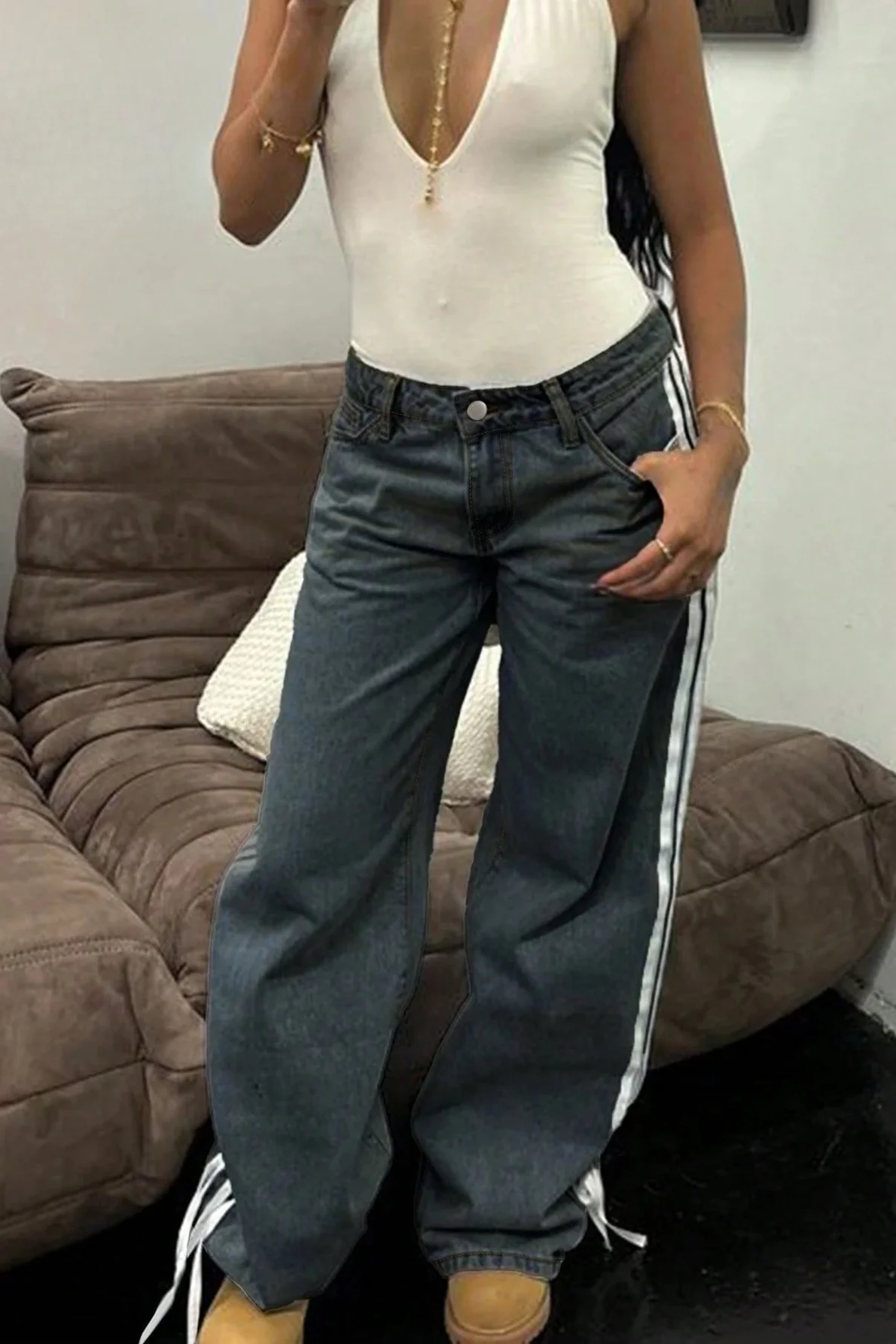 Y2K Side Bow Ribbon Straight Leg Street Style Jeans - Image 7
