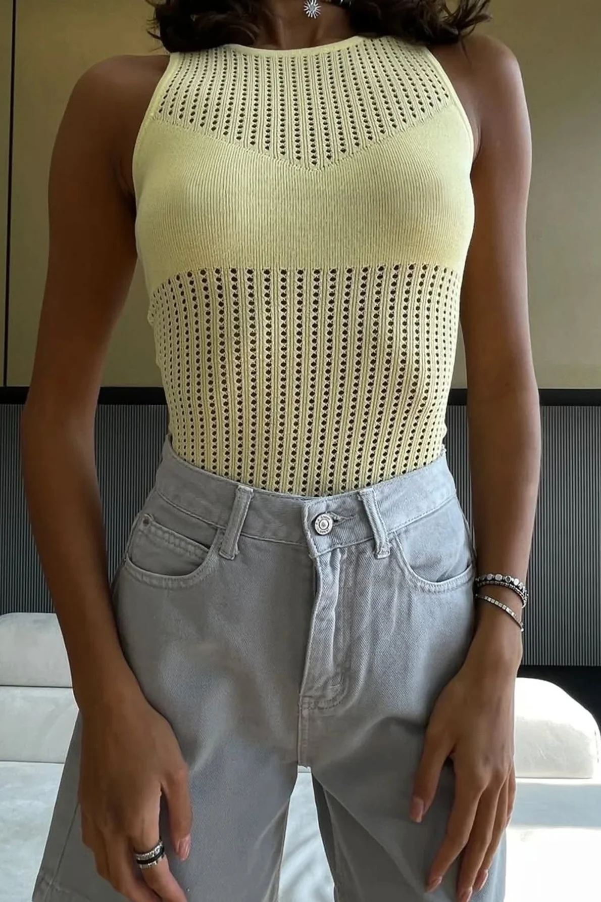 Yellow Hollow Out Knit Crop Tank Top - Image 3