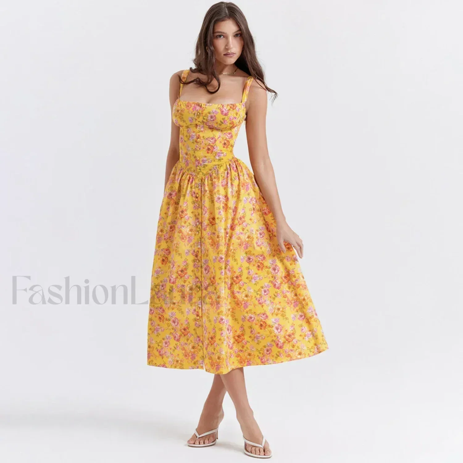 Yellow Lace-Up Pocket Floral Dress - Image 5