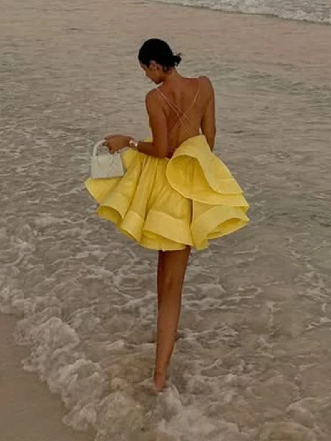Yellow Pleated Lace-Up Mini Dress - Image 3