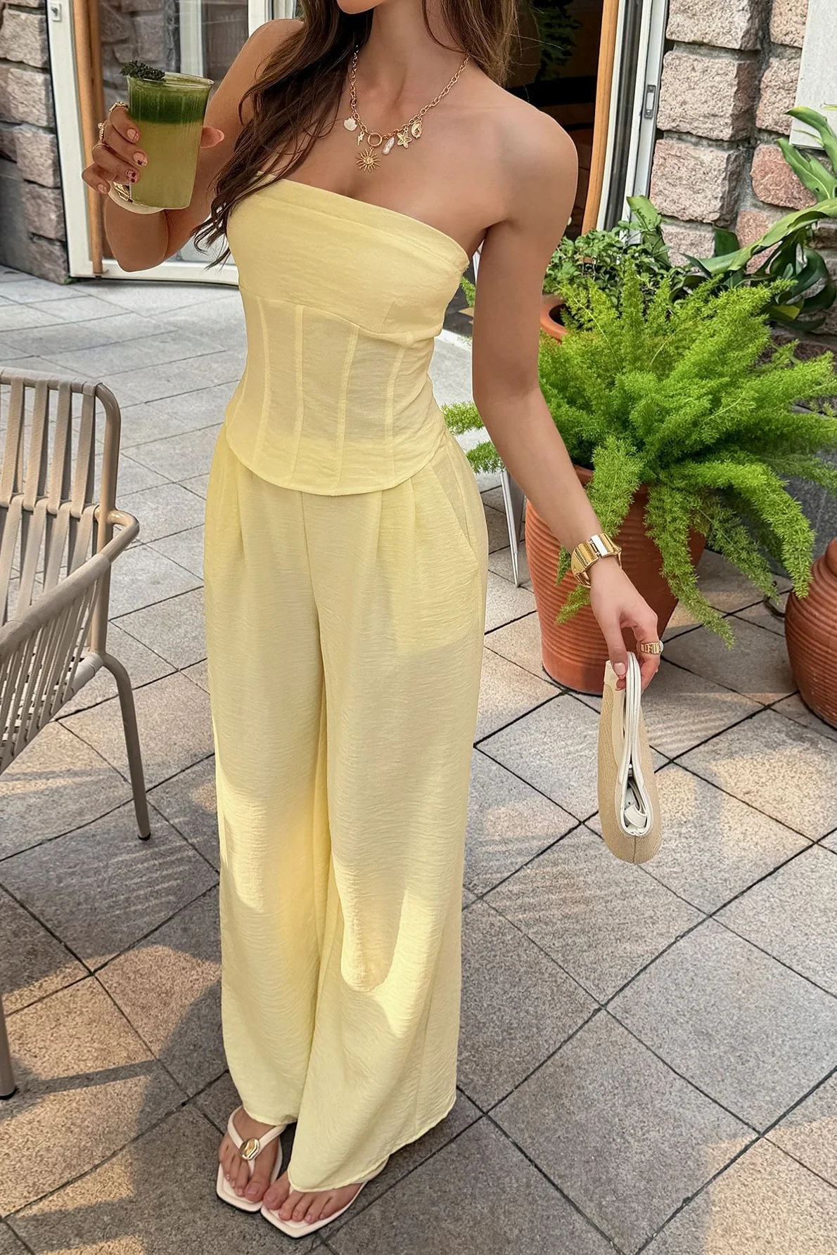 Yellow Strapless Relaxed Linen Pants Set - Image 4