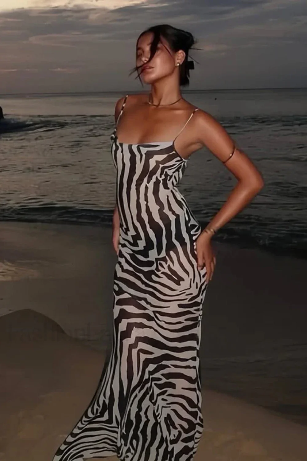 Zebra Print Backless Strappy Slim Floral Dress - Image 3